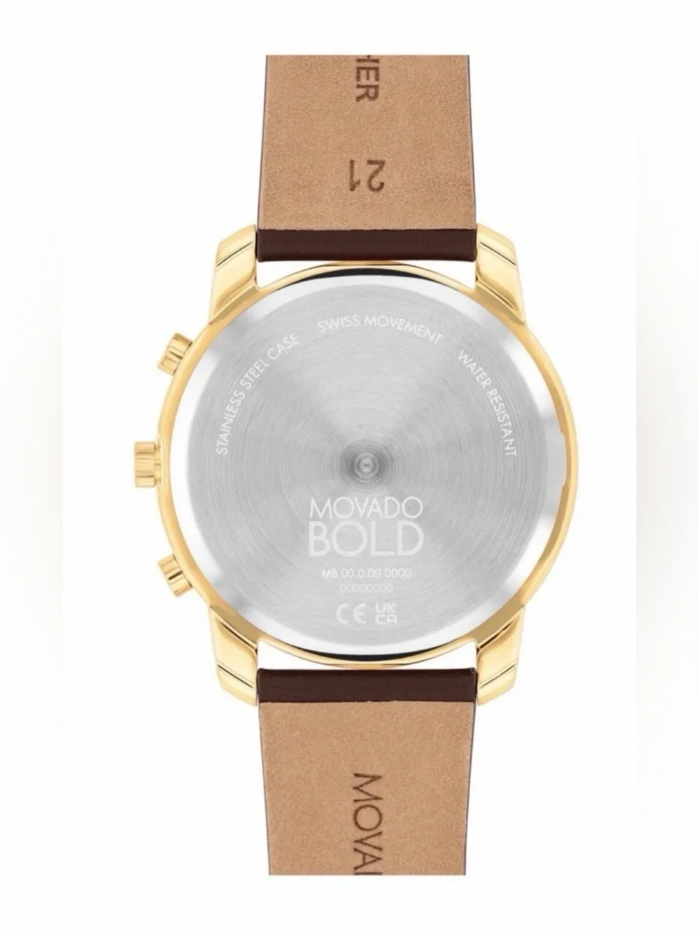 New Movado Bold Men’s Yellow Gold Brown Leather Strap Watch 3601029